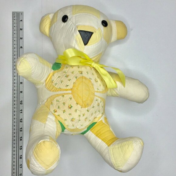 Vintage Handmade Quilted Patchwork 16" Teddy Bear  Yellow Scrapper Cutter Craft - Picture 9 of 12